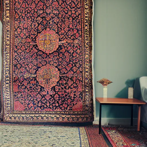 Image similar to a room with a chair, a table, a speaker and a persian carpet on the floor, unsplash, postminimalism, aesthetic