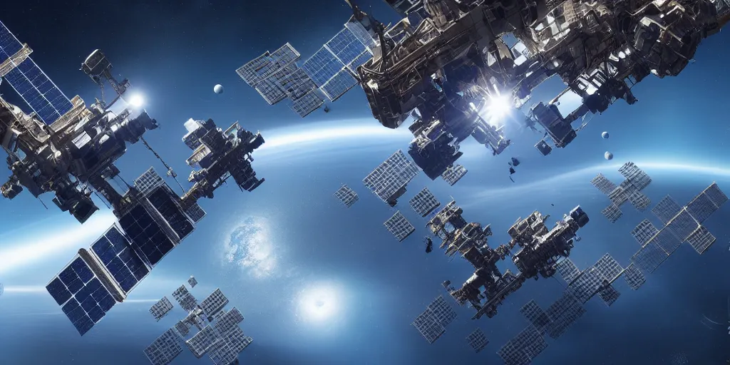 Image similar to giant space station above blue planet digital art by denis villeneuve. highly detailed 8 k. intricate. lifelike. soft light. nikon d 8 5 0.