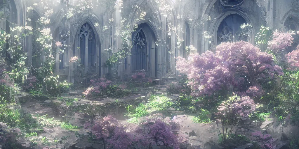 Prompt: anime kyoto animation key by greg rutkowski, violet evergarden in abandoned chapel with overgrown flowers and plants