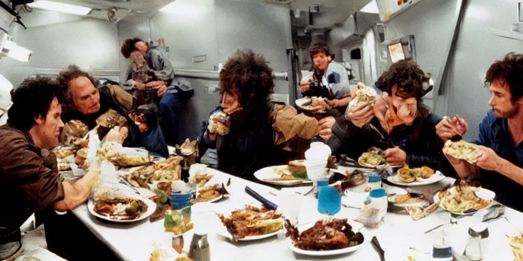 Image similar to color film still, behind the scenes of filming, actors eating lunch. ; alien 2 ( 1 9 8 6 )