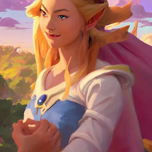 Prompt: greg manchess portrait of zelda as disney character, matte painting, bold shapes, hard edges, by huang guangjian, gil elvgren, sachin teng. in a beautiful landscape full of emotions, cgsociety masterpiece, artstation trending, by rossdraws, ghibli, kimi no na wa, greg rutkowski, simon stalberg, greg manchess