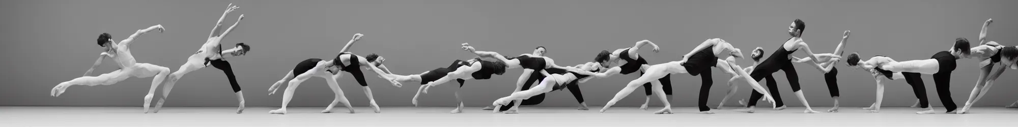 Image similar to a horde of sisyphusses pushing a cuboid boulder through an empty space, white background, ballet performance photography