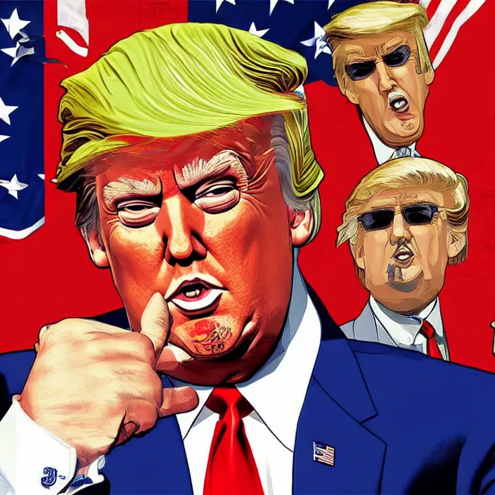 Prompt: Donald Trump in GTA, cover art by Stephen Bliss, loading screen, boxart