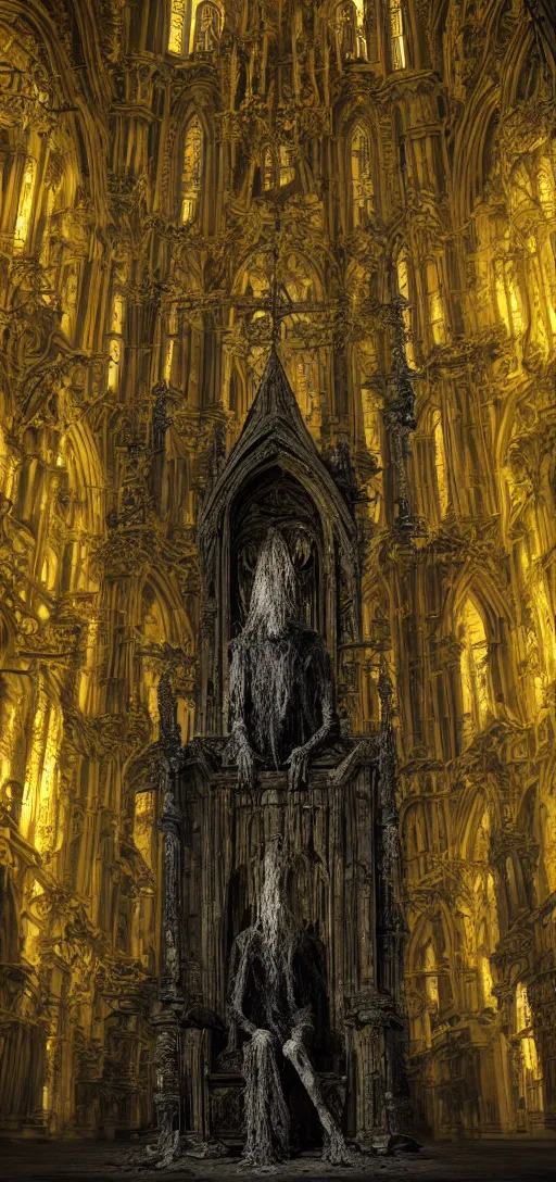 Image similar to a tall pale humanoid being sitting upon an ornate stone throne, 4K, digital art, horror, dramatic, wearing a long yellow rotting garment, dark, hyperrealistic, perspective, complex black church background with volumetric lights coming in through cathedral windows,