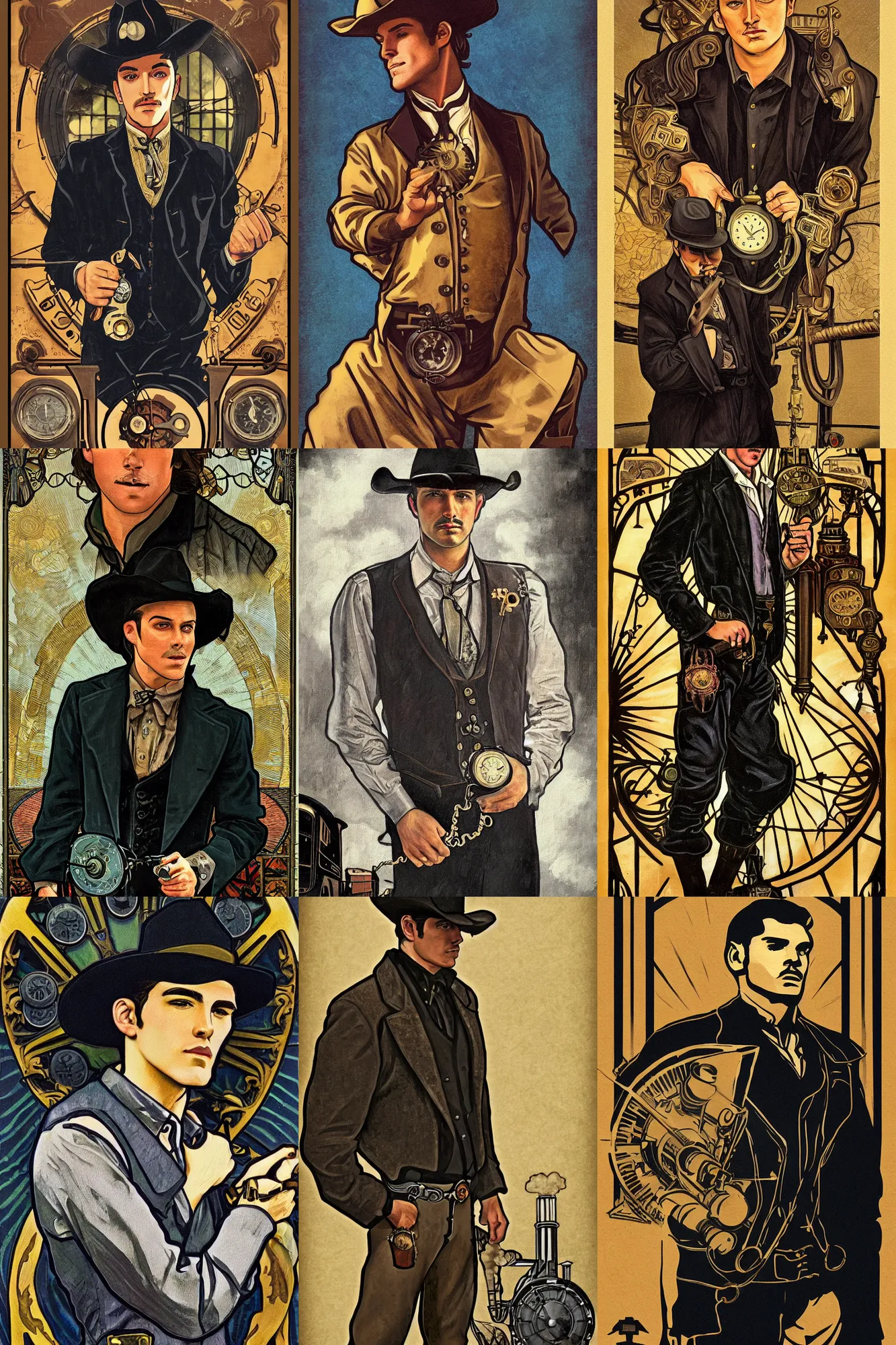 Prompt: a dramatic moody symmetrical painting of a handsome cowboy | his shirt is unbuttoned and he is holding a pocketwatch | background is a steam train engine locomotive railroad | tarot card, art deco, art nouveau, steampunk | by Mark Maggiori (((and Alphonse Mucha))) | trending on artstation