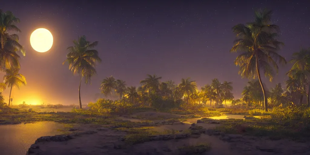 Image similar to Lively moonlit landscape of a kerala village, realistic detailed digital art by Maxwell Boas Jessica Rossier Christian Dimitrov Anton Fadeev trending on Artstation CGSociety rendered in Unreal Engine 4k HQ