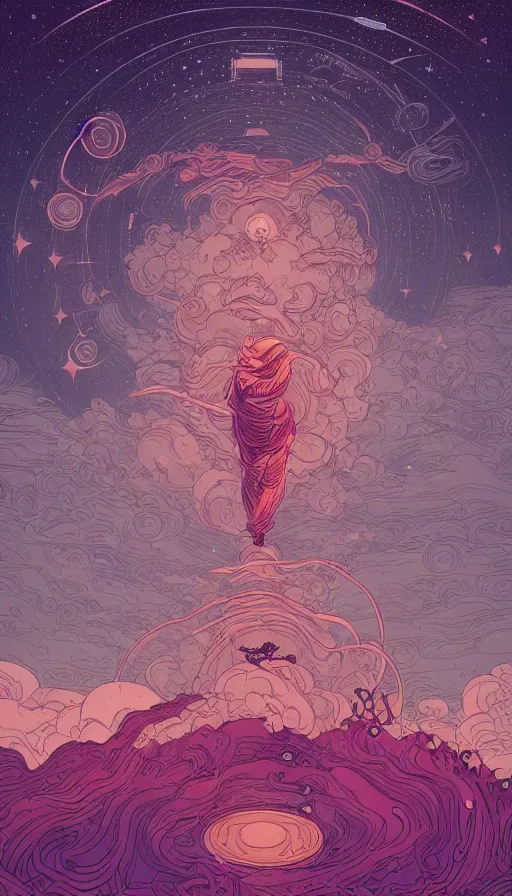 Prompt: the ancient oracle of the dreamings of storytellers floating on starlit cosmic cloudscape, futurism, dan mumford, victo ngai, kilian eng, da vinci, josan gonzalez