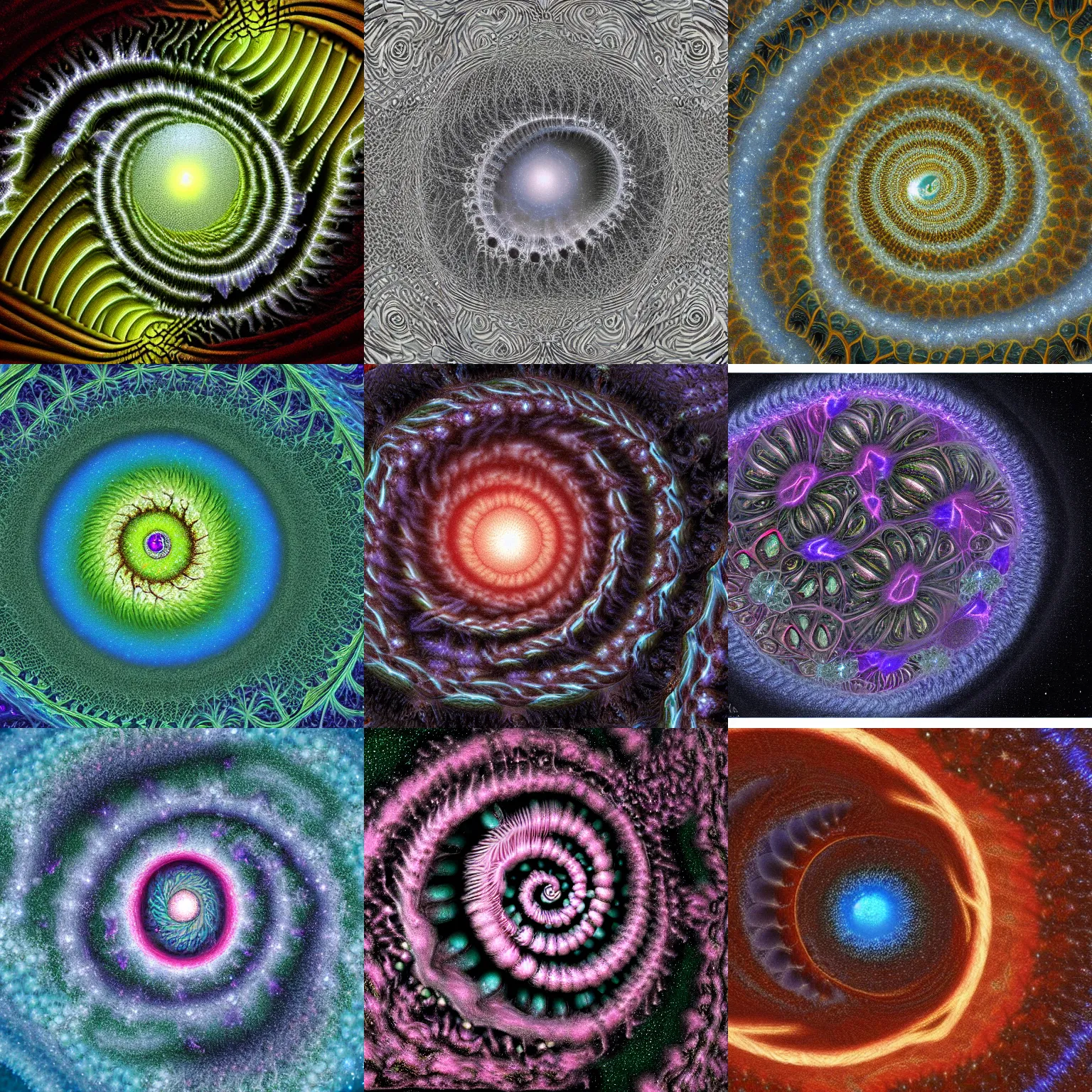 Prompt: biological fractal electron micrograph alex gray spiral galaxy painting 8 k concept art blender octane eyeball