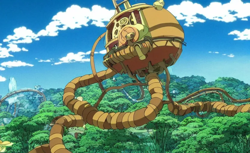 Image similar to a cell shaded movie still from a studio ghibli cartoon showing a highly detailed landscape with a giant mechanical snake from howl's moving castle in an oasis in the desert. misty, depth perception, 4 k