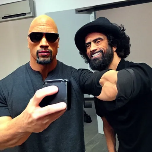 Image similar to caparezza taking a selfie with dwayne johnson, realistic, clean composition