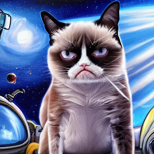 Image similar to concept art of grumpy cat's adventures in space, digital painting, trending on artstation, 4 k resolution, highly detailed