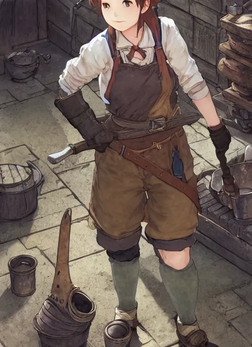 Prompt: character portrait of a blacksmith tomboy at the smithy, hidari, color page, tankoban, 4K, tone mapping, Akihiko Yoshida.