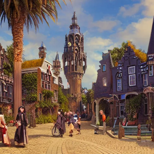 Image similar to a coastal magical town with witches and knights and a grand university of magic and technology visible in the distance, sunny weather, inspired by victorian england and amsterdam, palm trees, highly detailed, intricate, digital painting, trending on artstation, concept art, matte painting, art by greg rutkwowski, craig mullins, octane render, 8 k, unreal engine