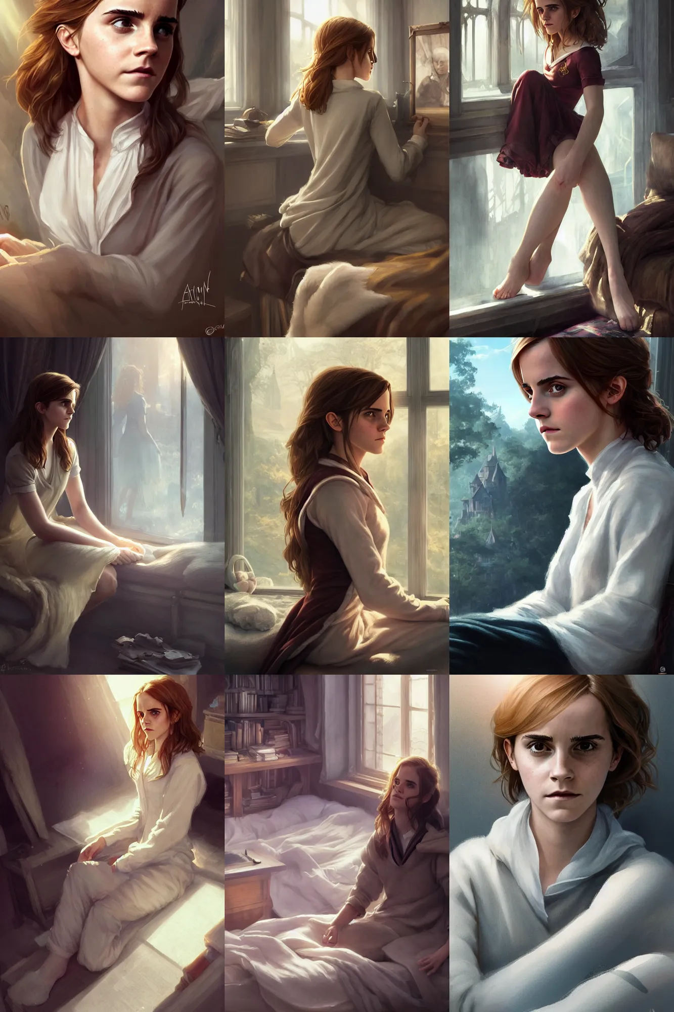 Prompt: emma watson as hermione!!, sitting in bedroom, wearing pajama, anatomy, sunlight, highly detailed, digital painting, artstation, concept art, smooth, sharp focus, illustration, unreal engine 5, 8 k, art by art by artgerm and greg rutkowski and edgar maxence