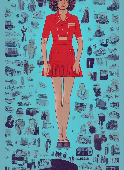 Image similar to poster artwork by Michael Whelan, Bob Larkin and Tomer Hanuka, of portrait of Zendaya wearing light blue diner waitress dress, from scene from Twin Peaks, simple illustration, domestic, nostalgic, from scene from Twin Peaks, clean