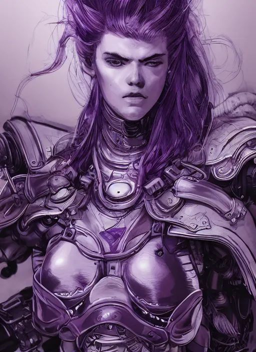 Image similar to close up portrait of a pale woman in power armor with intricate purple hair, powerful, domineering, stoic, masterful, intense, ultrafine hyperdetailed illustration by kim jung gi, irakli nadar, intricate linework, sharp focus, octopath traveler, yoji shinkawa, yoshitaka amano, concept art