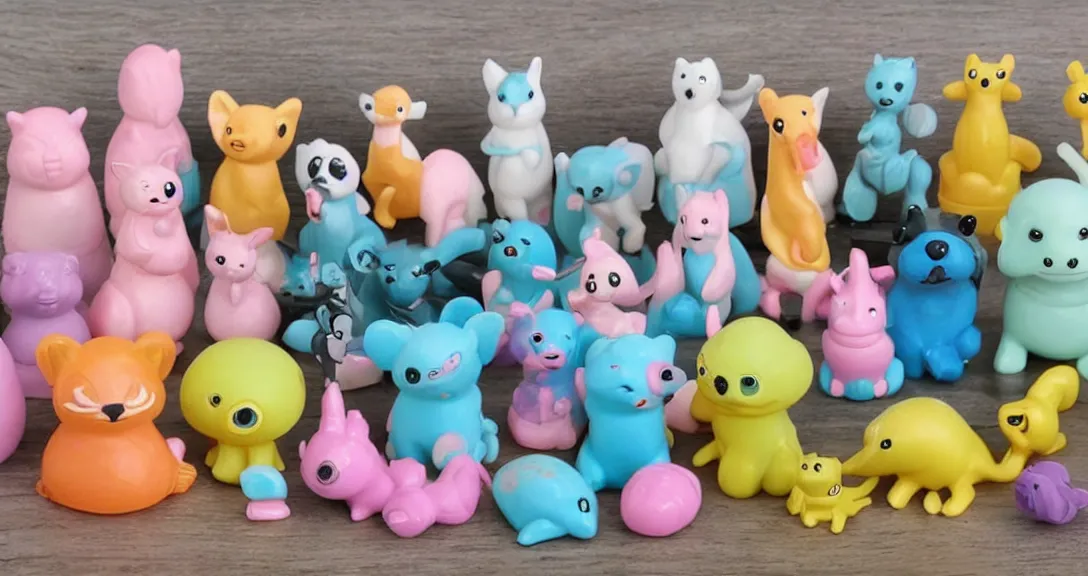 Image similar to some cute plastic toys that look like animal characters, pastel colors