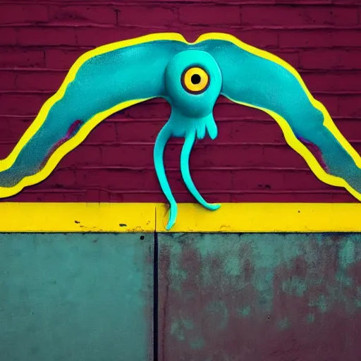 Image similar to Humanoid teal squid standing on two legs wearing yellow raincoat jumping of the edge of a dock in a city that is overwatched by a eye in a hand