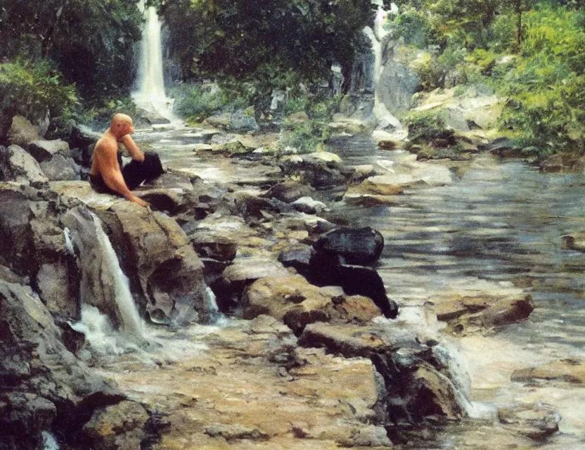 Image similar to by steve hanks, by serov valentin, by lisa yuskavage, by andrei tarkovsky, by terrence malick focused monk sits near waterfall, golden ratio, perfect symmetrical, polaroid, vintage, soft lights, foggy, oil on canvas