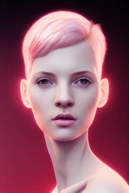 Image similar to Portrait of a beautiful pale skin Nordic female with short pink hair, elegant, photorealistic, highly detailed, artstation, smooth, sharp focus, gold ornaments, neon lighting, sci-fi, art by Klimt.
