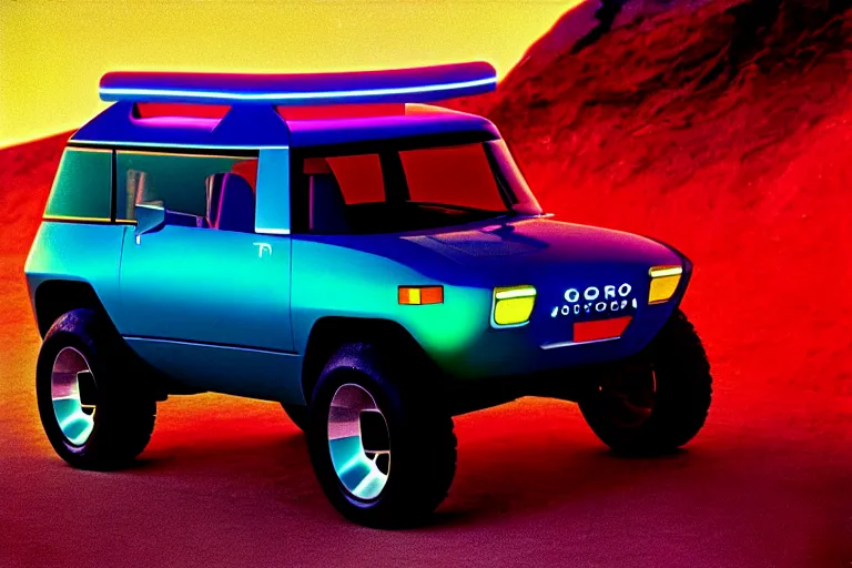 Image similar to designed by giorgetto giugiaro stylized poster of a single toyota fj cruiser concept, thick neon lights, ektachrome photograph, volumetric lighting, f 8 aperture, cinematic eastman 5 3 8 4 film