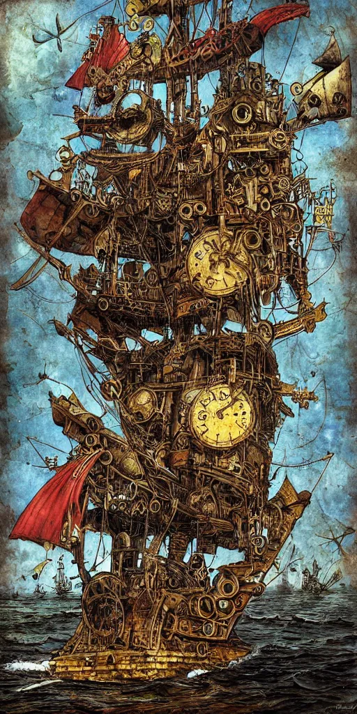 Prompt: a detailed digital painting of a steampunk pirate ship by alexander jansson and where's waldo and leonardo da vinci
