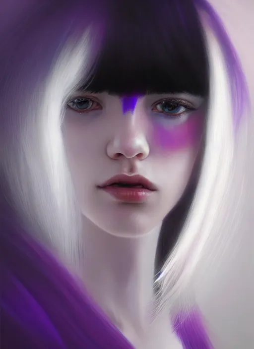 Image similar to hair whitebangs hair, black hair, whitebangs, portrait of teenage girl with white bangs, red irises, purple clothes, white bangs, bangs are different color from hair, intricate, elegant, glowing lights, highly detailed, digital painting, artstation, concept art, smooth, sharp focus, illustration, art by wlop, mars ravelo and greg rutkowski