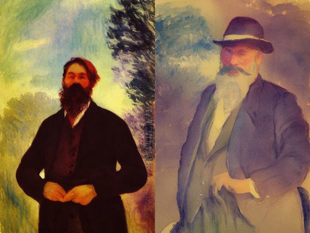 Prompt: grand river watercolor, fisheye lens low angle portrait of a bearded man surrounded by mystic energy, impressionist watercolor by Monet, cinematic lighting, by Edward Hopper, dull tones, Curvilinear abstract art by Joseph Mallard William Turner