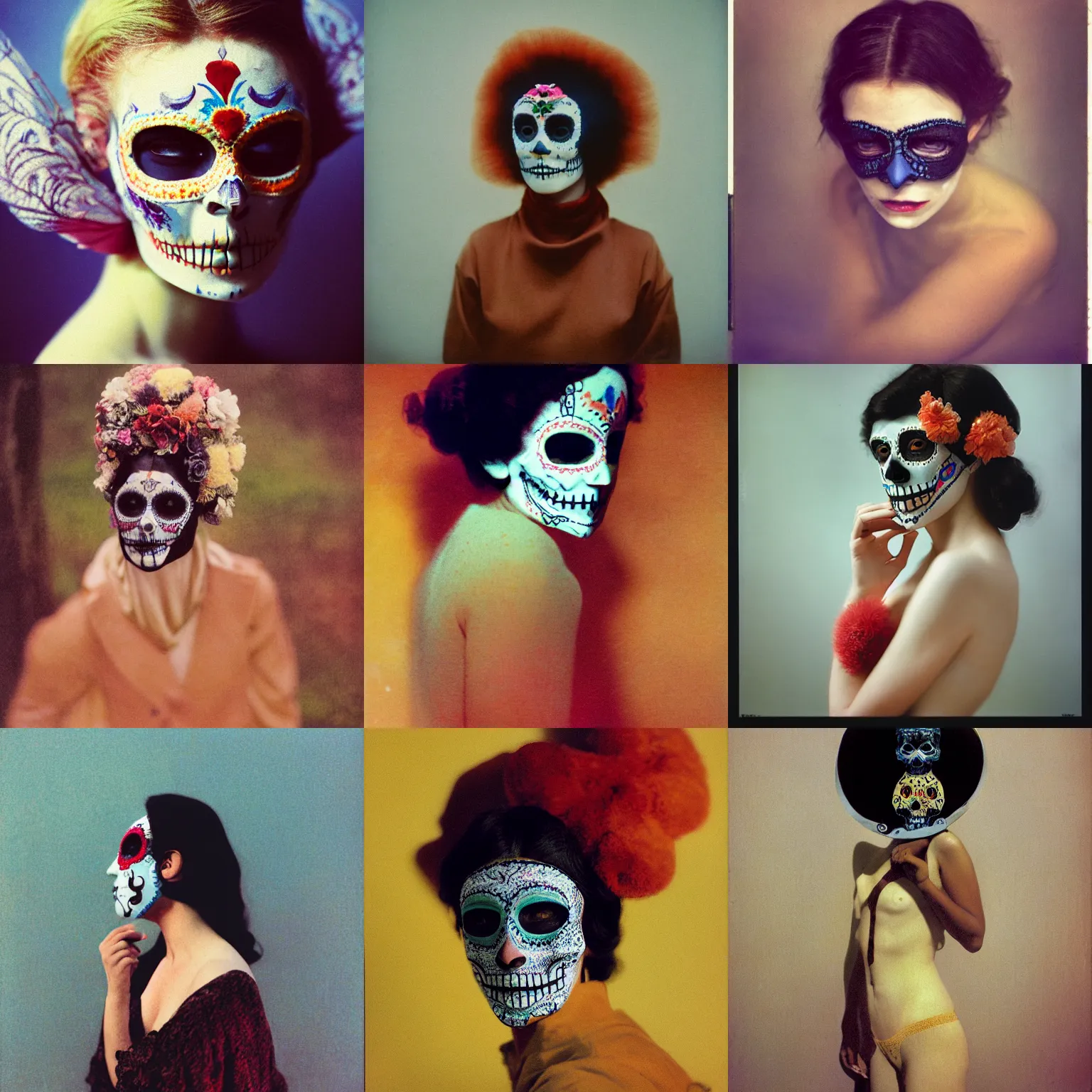 Prompt: kodak portra, 8 k, soft light, clean lines, fine art portrait photography, woman wearing sugar skull mask, fashion photography, maxfield parrish, moebius, james jean, yoji shinkawa, odilon redon, gaston bussiere, eugene grasset, janis rozentals