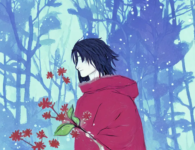 Image similar to flower priest of winter woods. gouache, limited palette with complementary colors, by award - winning mangaka, backlighting, bold composition, depth of field.