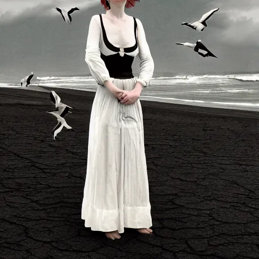 Image similar to a girl with long white long dress walking in black sand desert crows around her by egon schiele and michael angelo, baroque, neo Gothic,matte painting, baroque detailes,photo real,concept art,highly detailed,sharp lines, hdri, 4k