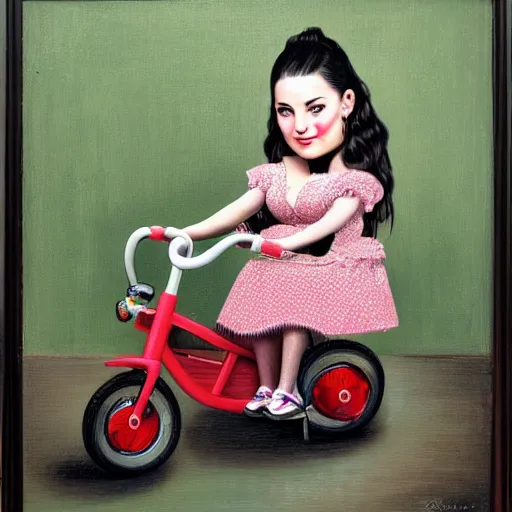 Image similar to Ariana Greenblatt on a tricycle, lowbrow painting by Mark Ryden