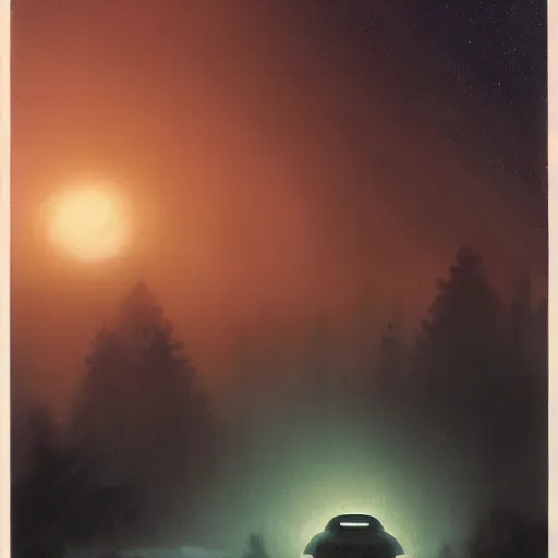 Prompt: stand by me movie still, night time forest with a ufo sitting in the fog, scary, matte detailed photo, DeviantArt, Artstation, by donato giancola, ralph horley, loish, ufo lighting