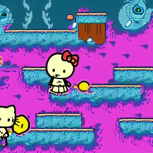 Image similar to 2d side scrolling game set in an underwater dystopia in the style of sanrios hello kitty franchise with fish and sea shells and radioactive waste littered about