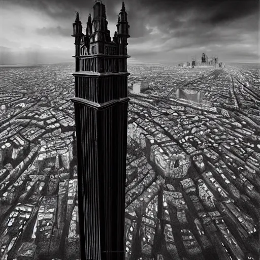 Image similar to an ultra detailed black and white matte painting of a lonely and impossibly tall ominous dark tower elevated high above the city, on an isolated plateau island in a river elevated high above the city fortress tower, fantasy capital city, ultrawide lense, aerial photography, volumetric lighting, exquisite detail, 8 k, art by artgerm and greg rutkowski and alphonse mucha