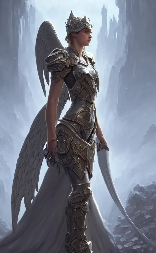 Prompt: angel, full armor cloth, full body portrait, gentle, female, dark ruins landscape, d & d, fantasy, intricate, elegant, highly detailed, digital painting, white gold color palette, artstation, octane render, concept art, matte, sharp focus, illustration, hearthstone, art by artgerm and greg rutkowski and alphonse mucha