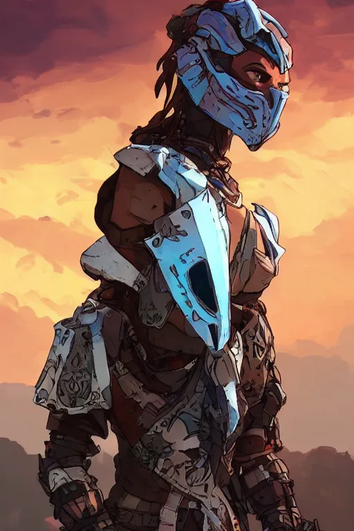 Image similar to combination suit armor aloy horizon forbidden west horizon zero dawn robot ninja mask helmet backpack tribal, art gta 5 comics, official fanart behance hd artstation by jesper ejsing, by rhads, makoto shinkai and lois van baarle, ilya kuvshinov, ossdraws radiating a glowing aura cgi rtx 2 0 2 2