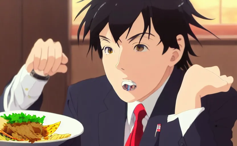 Prompt: beautiful makoto shinkai anime style digital film still portrait of donald trump eating a taco bowl, 4 k, 8 k, hd, high resolution, highly detailed, intricate detail, ultra realistic faces, digital art, trending on artstation, your name, weathering with you