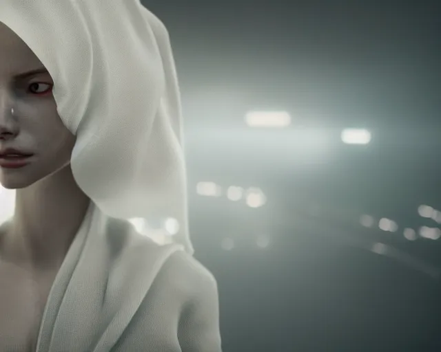 Image similar to a film still of a synthetic female human wrapped in white cloth, in neotokyo, cinematic lighting, high resolution, 4 k