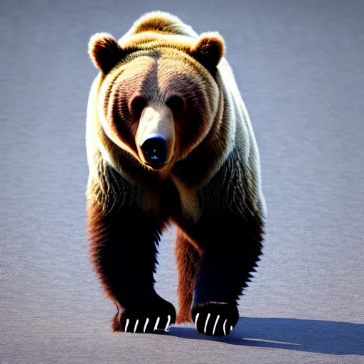 Prompt: a grizzly bear wearing a tuxedo walking on its hind legs, cinematic, realistic