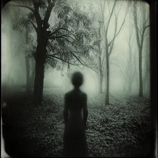 Image similar to an ancient evil-girl on a mysterious fractal forest, mist, 1910 polaroid photography, grainy film, Black and white