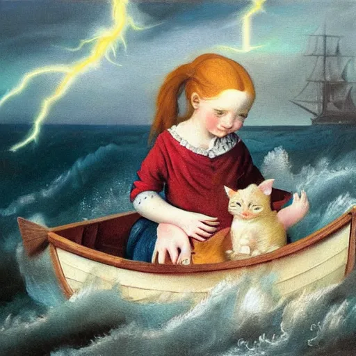 Prompt: oil painting of a young freckled redhead pigtailed girl smiling and holding a scared kitten in a boat, in rough seas with large waves, dark clouds and lightning, depicted for a children\'s book, in the style of frank frazetta and vermeer