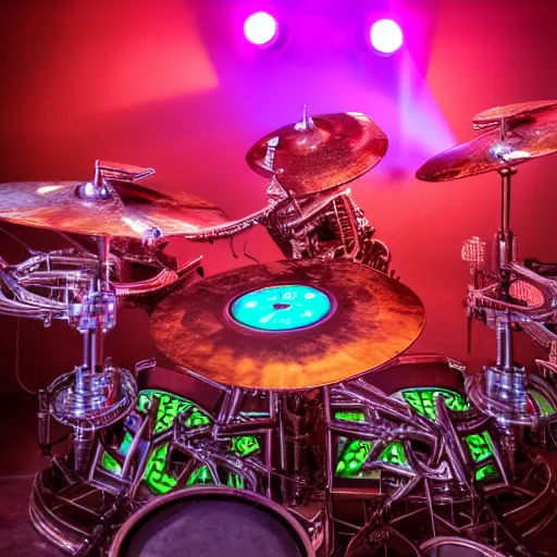 Image similar to photo of huge robotic drumset on a concert tage, the drumset is futuristic steampunk style with gears and tubes, 8 k, fluorescent colors, halluzinogenic, multicolored, exaggerated detailed, unreal engine - w 7 6 8