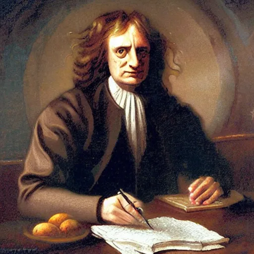 Prompt: isaac newton portrait by greg rutkowski and thomas kinkade