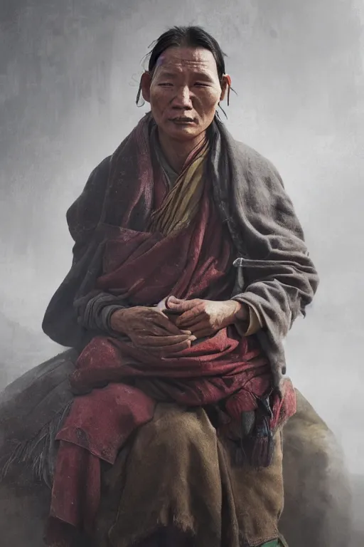 Image similar to Tibetan citizen, portrait, poor, intricate, elegant, volumetric lighting, scenery, digital painting, highly detailed, artstation, sharp focus, illustration, concept art,ruan jia, steve mccurry