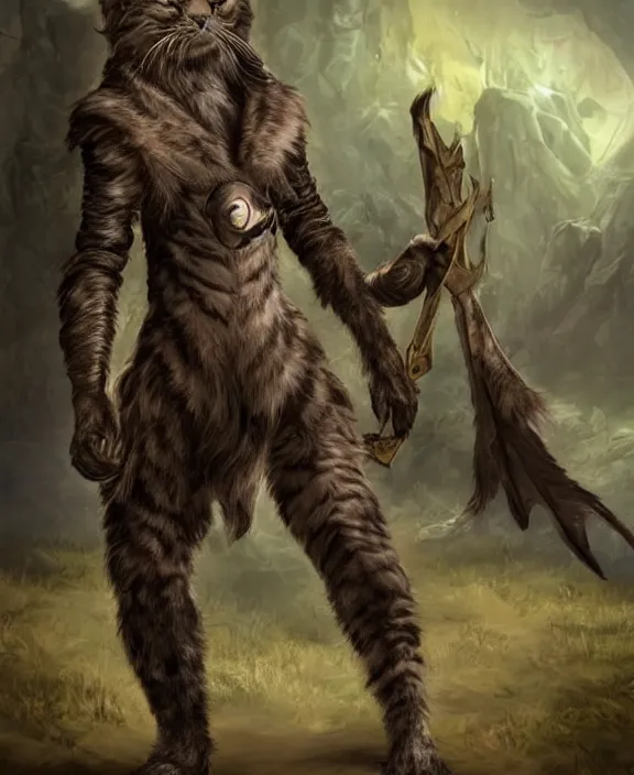 Image similar to humanoid male khajiit rogue, mainecoon cat features with black fur, far - mid shot, wearing leather armor, magic the gathering, fantasy