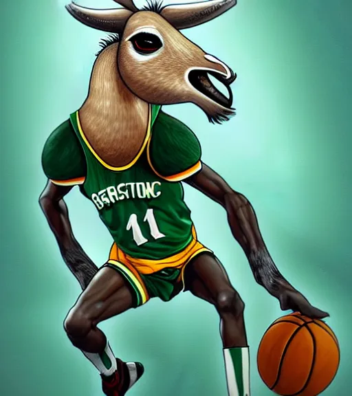 Image similar to photorealistic anthropomorphic llama as larry bird playing basketball in celtics outfit, playing in a nba court, crewson photography, dnd character art portrait, deviantart artstation, by jason felix by steve argyle by tyler jacobson by peter mohrbacher, cinematic lighting