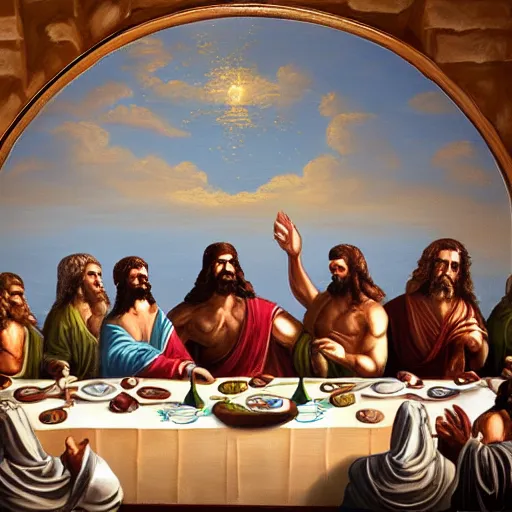 Prompt: ancient greec gods around dinner table in the style of last supper, painting, detailed, trending on artstation