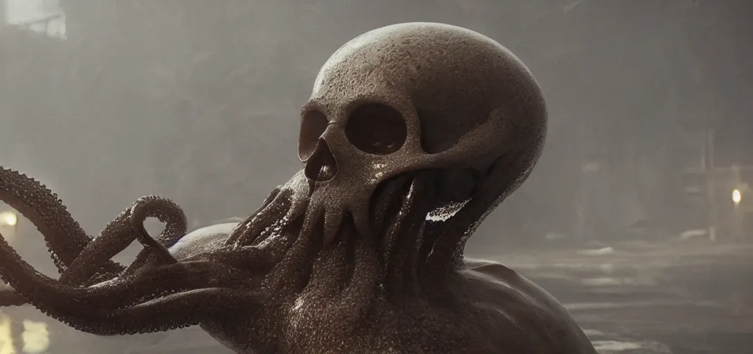 Prompt: a glass octopus in the shape of a skull, foggy, cinematic shot, photo still from movie by denis villeneuve, wayne barlowe