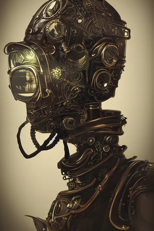 Image similar to steampunk helmet fantasy art mask robot ninja stylized digital illustration sharp focus, elegant intricate digital painting artstation concept art global illumination ray tracing advanced technology chaykin howard and campionpascale and cooke darwyn and davis jack